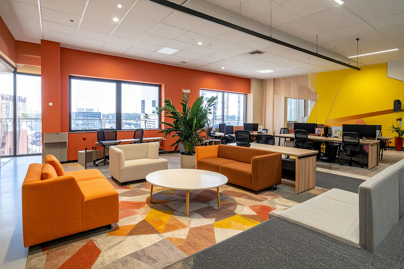 Modern office lounge area with orange, white, and gray sofas, a round white coffee table, large potted plant, and a row of work stations with computers and black chairs along windows showing cityscape view.