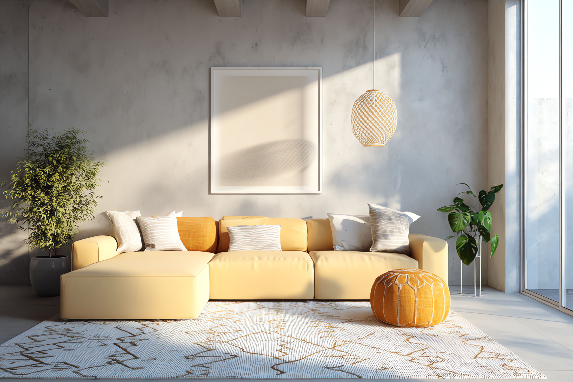 Sunlit modern living room with a yellow sectional sofa, white and patterned cushions, a white and gold abstract framed art, a hanging wicker pendant lamp, an orange pouf, potted plants, and a large window with natural light.