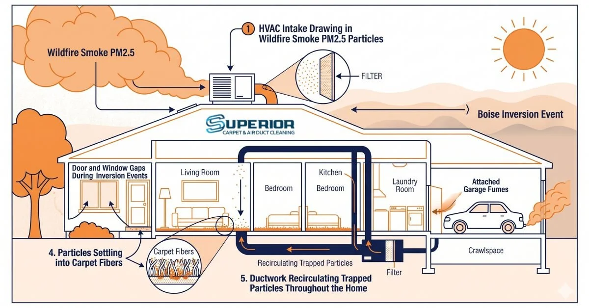 Superior Carpet and Air Duct Cleaning Treasure Valley diagram showing how wildfire smoke and inversion pollutants enter Boise homes