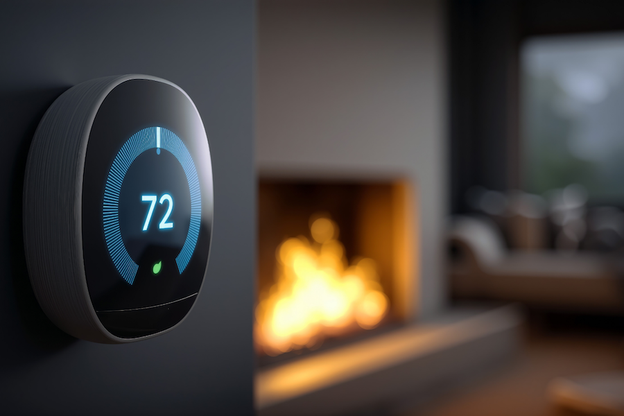 Smart thermostat displaying 72 degrees Fahrenheit in a cozy living room with a fireplace and sofa.