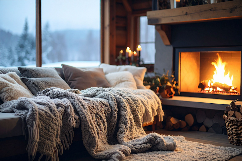 Cozy living room with a lit fireplace, wool blankets, cushions, and candles, overlooking a snowy outdoor landscape.