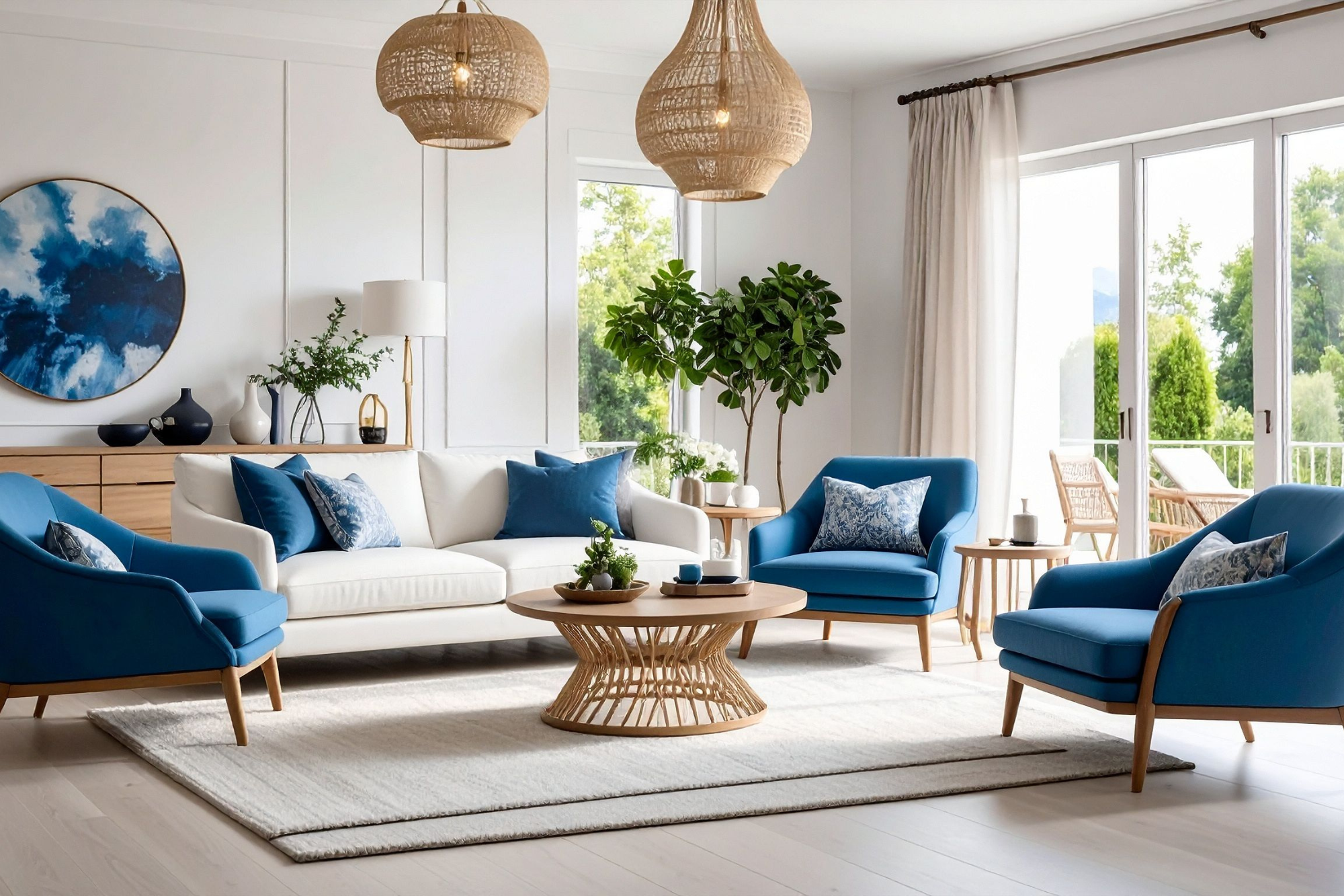 Bright living room with white sofa and blue armchairs, wooden coffee table, large window with curtains, indoor plants, wall art, and outdoor balcony with chairs