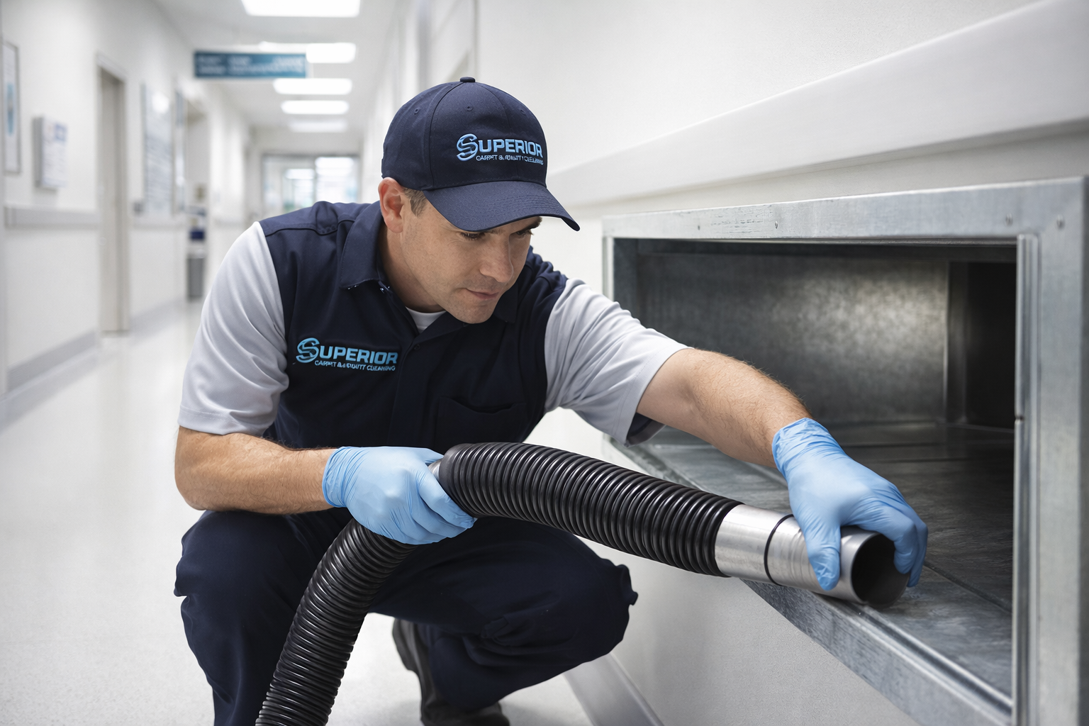 HVAC technician cleaning hospital air duct in boise, idaho.