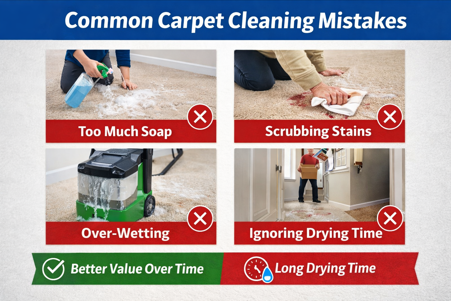 common carpet cleaning mistakes including over wetting carpet, using too much soap, scrubbing stains, and improper drying after DIY carpet cleaning Boise Idaho