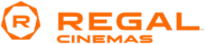 Close-up of the Regal Cinemas logo with orange text and a black background.