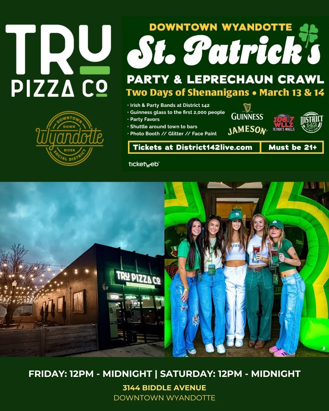 Doing the Wyandotte St. Patrick&rsquo;s Crawl this weekend? Start at TRU. 🍀

If you&rsquo;re heading to the Downtown Wyandotte Leprechaun Crawl, swing by TRU Pizza Co. for crawl specials all weekend.

Specials:

🍕 $3 Pizza Slices

Cheese or Cheese 