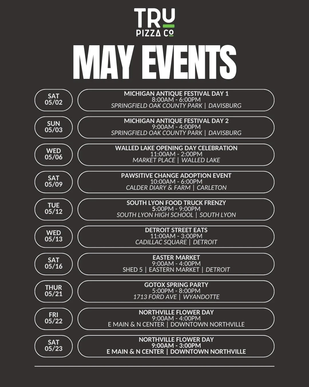 It&rsquo;s gonna be May ✨

Here&rsquo;s where to find us 🚛💨

100% Gluten-Free
100% Nut-Free
Celiac-Safe
Allergy-Friendly

#glutenfreeliving #foodtruck #celiacsafe #allergyfriendly #trupizzacofoodtruck