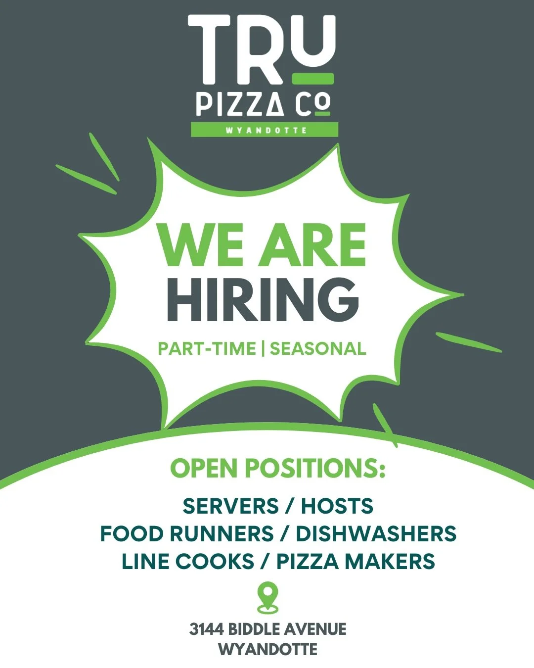 ✨WE&rsquo;RE HIRING!✨

We are looking to add some amazing people to our team this season ☀️

Open Positions: 🍕
✔️Servers
✔️Hosts
✔️Pizza Makers
✔️Line Cooks
✔️Food Runners
✔️Dish Washers

*Food Truck opportunities available as well*

Please email An