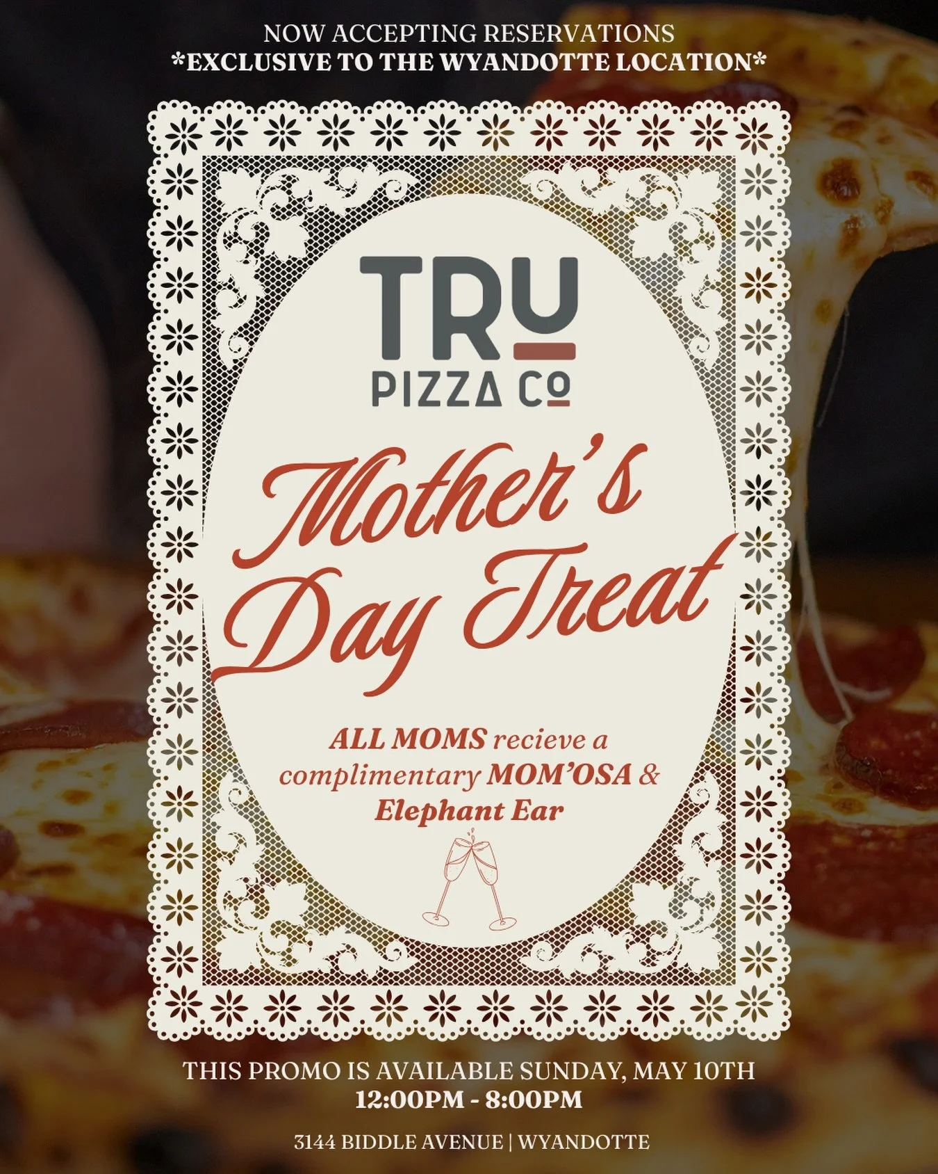 Treat Mom to something TRU-ly special this Mother&rsquo;s Day 🌸🍕🥂

Join us at TRU Pizza Co Wyandotte this Sunday, May 10th from 12PM&ndash;8PM as we celebrate all the amazing moms out there! 💐

✨ ALL moms receive a complimentary MOM&rsquo;OSA &am
