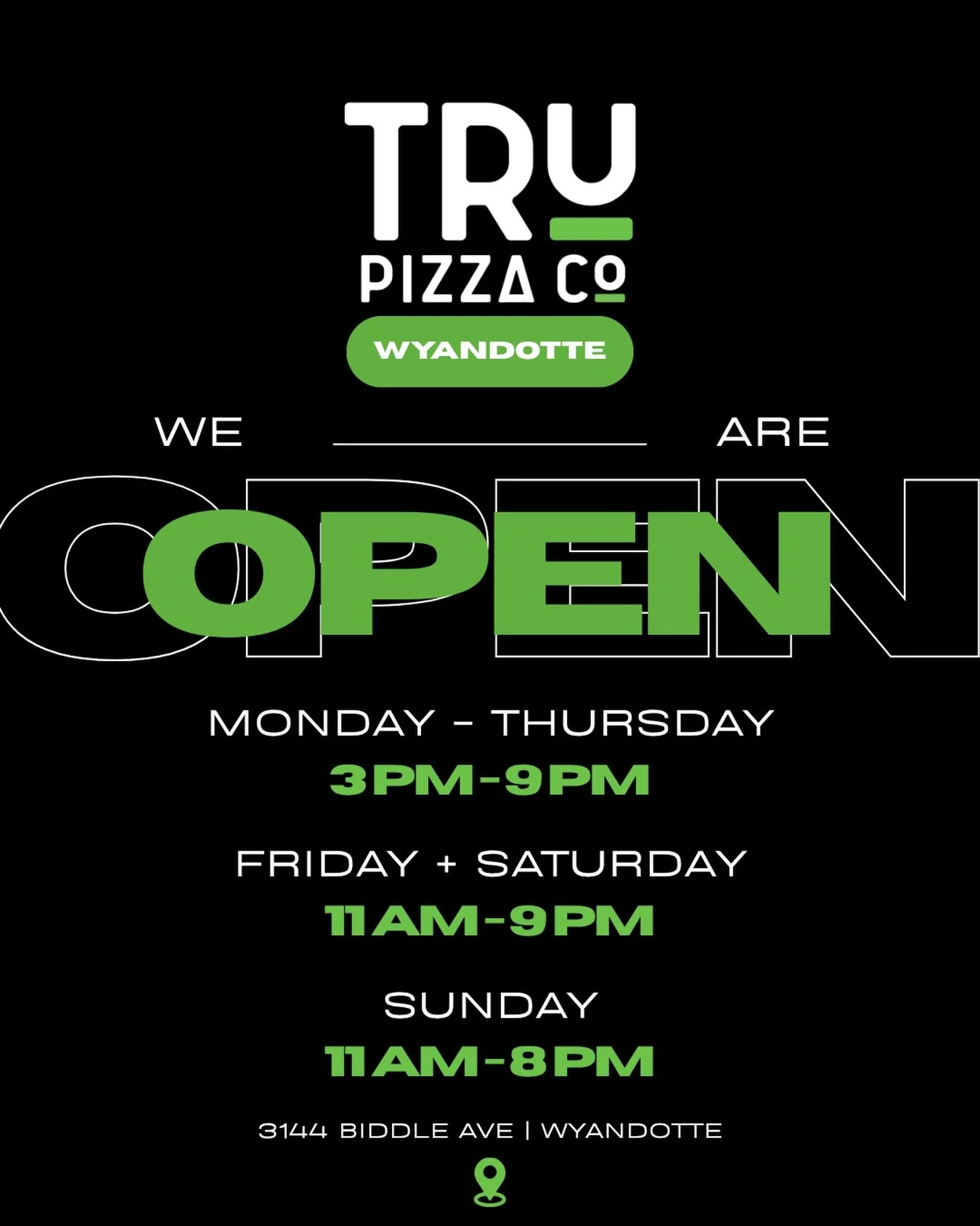 NEW Store Hours ✨🍕

3144 Biddle Avenue 📍

Monday: 3pm - 9pm
Tuesday: 3pm - 9pm
Wednesday: 3pm - 9pm
Thursday: 3pm - 9pm
Friday: 11am - 9pm
Saturday: 11am - 9pm
Sunday: 11am - 8pm

#glutenfree #downriver #trupizzacowyandotte #celiacsafe #allergyfrie