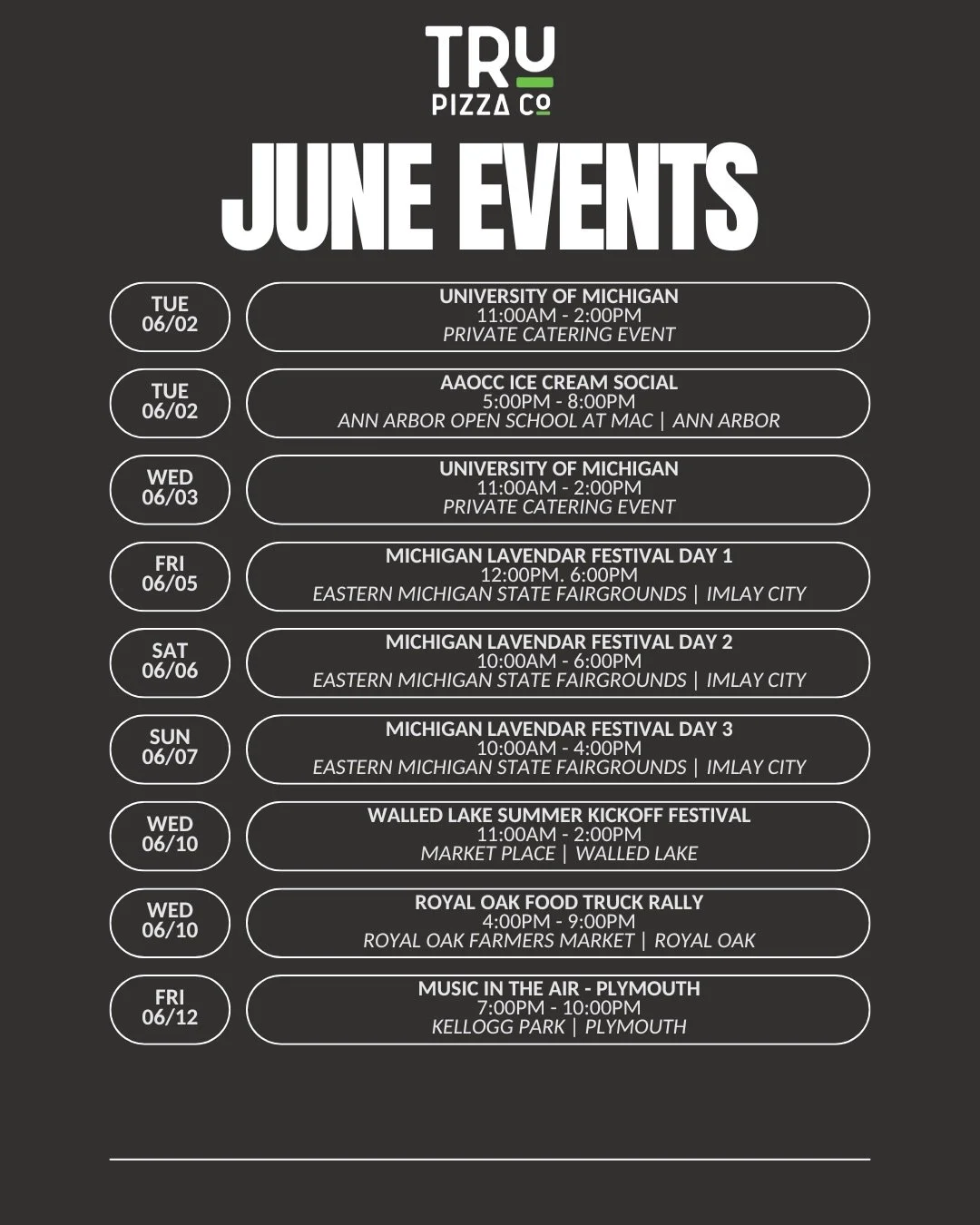 Here&rsquo;s where to find us in June! 😎

#glutenfree #foodtruck #celiacsafe #allergyfriendly #summertime