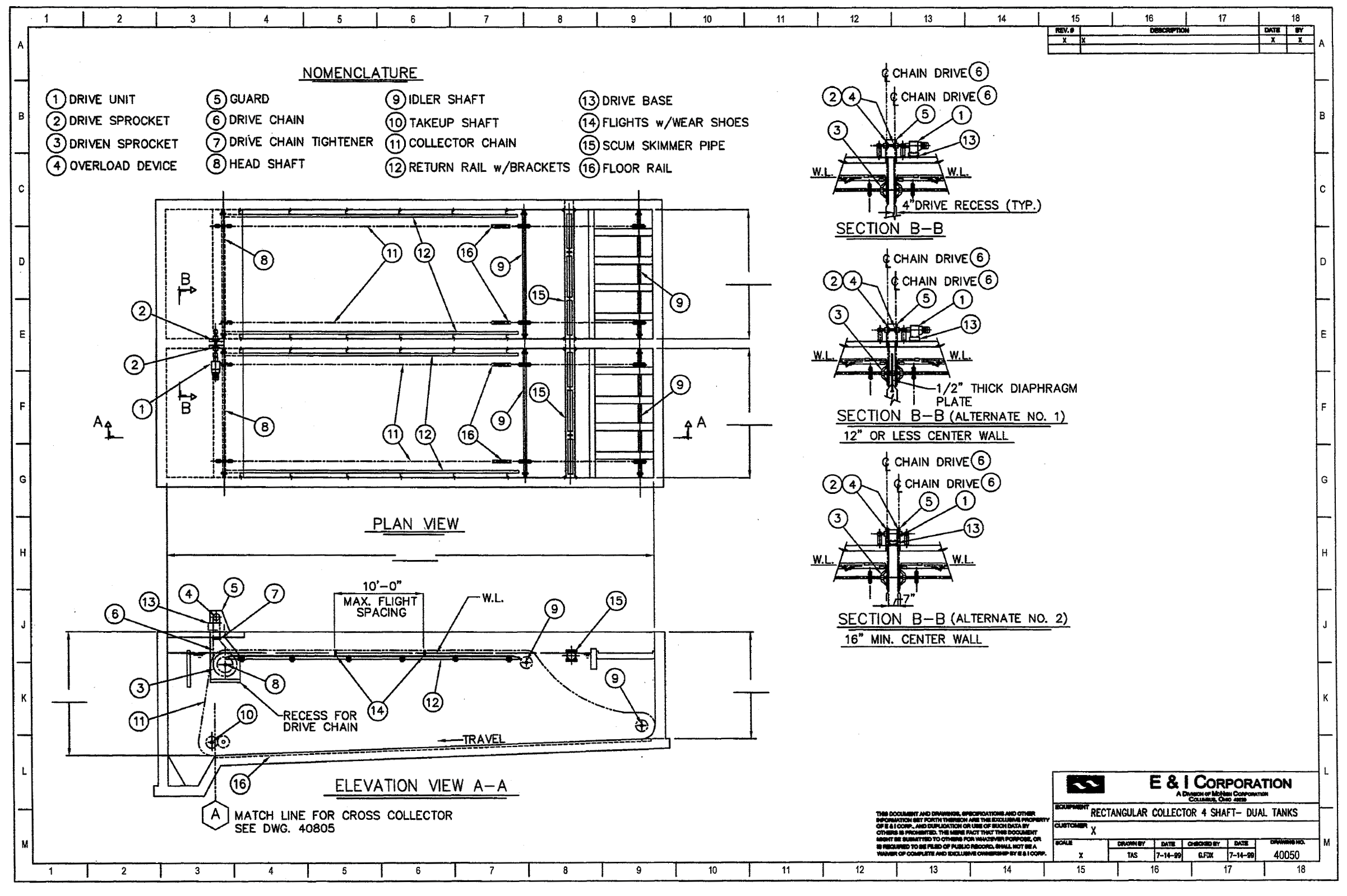 Technical engineering drawing of a rectangular dual tank collector with detailed views of components and assembly, including a nomenclature list and sectional views.