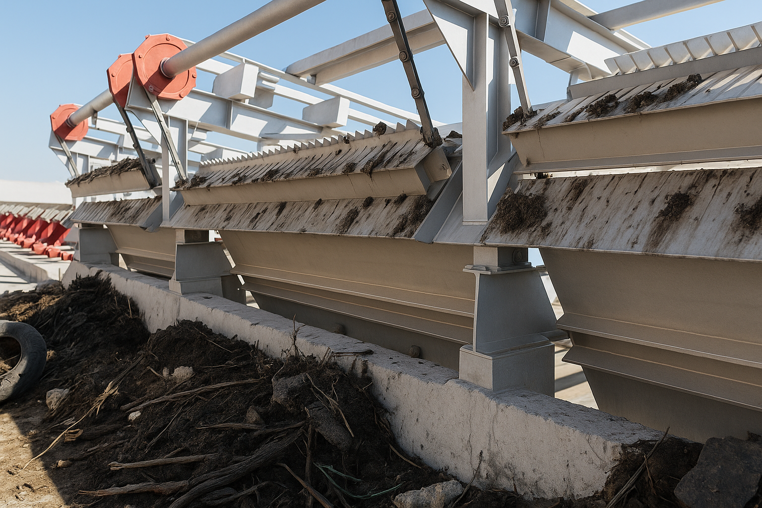 Industrial Catenary Trash Rake with visible trash being filtered.