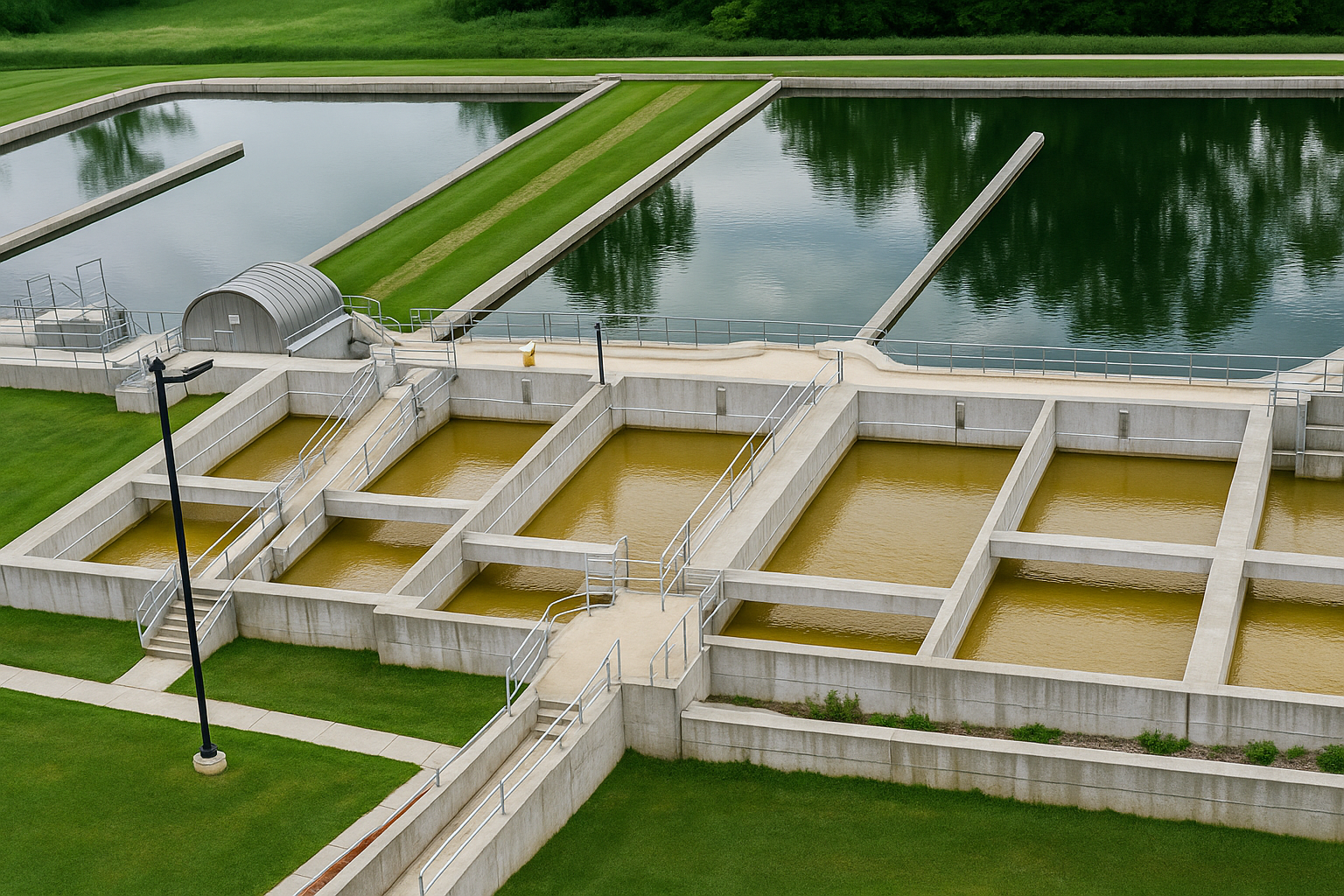 Wastewater treatment plant with rectangular settling tanks filled with brown water, surrounded by green grass and water bodies, and trees in the background.