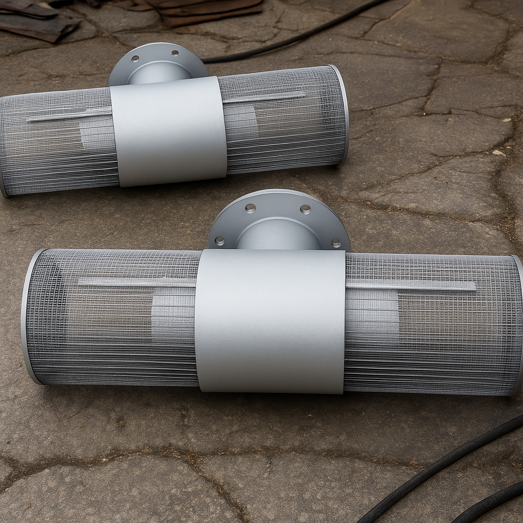 Two Passive Intake Water Screen on a stone surface.
