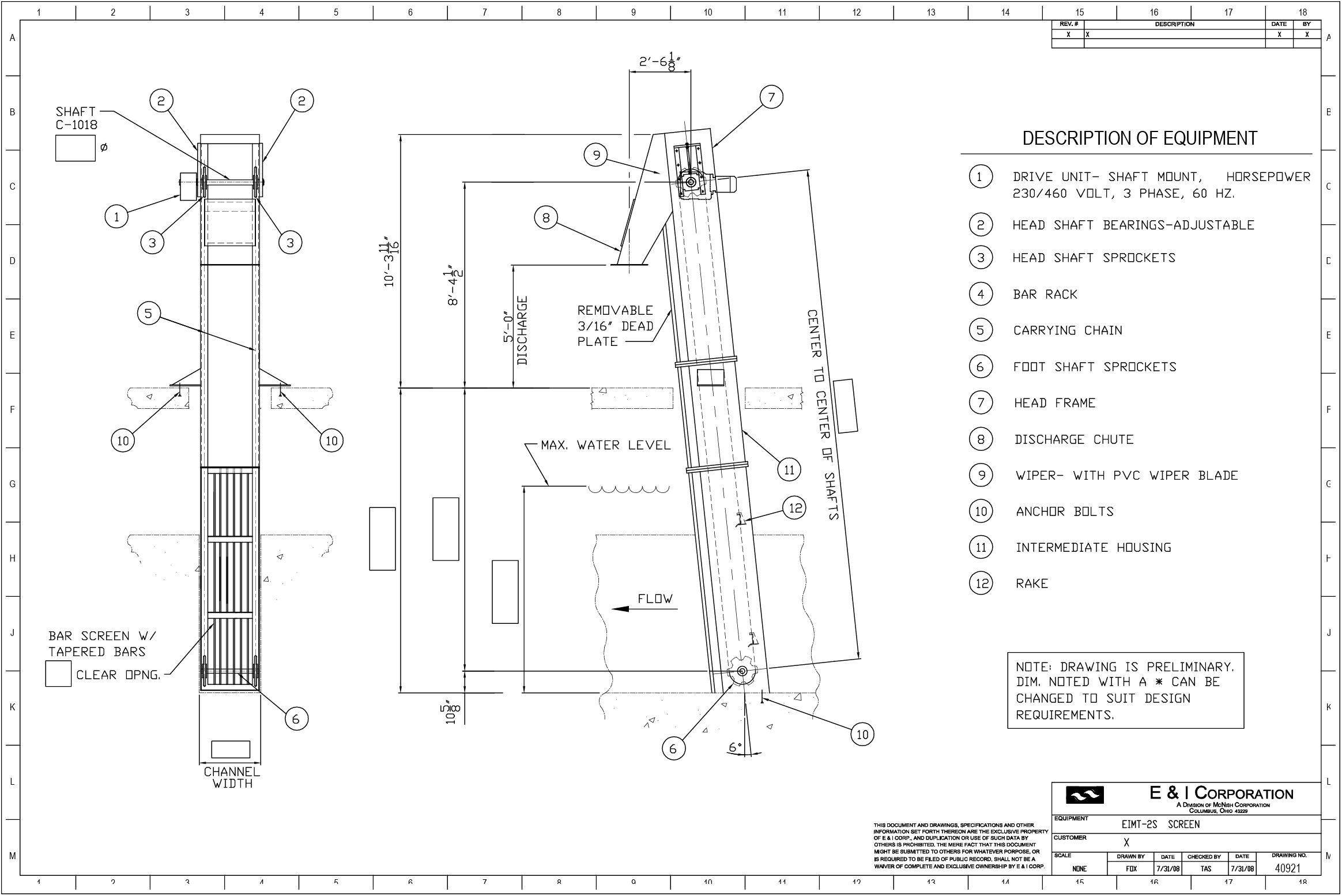Technical drawing of a water screening equipment system with labeled parts including drive unit, shaft bearings, sprockets, bar rack, carrying chain, discharge chute, PVC wiper blade, anchor bolts, intermediate housing, and rake, showing dimensions, water level, and flow direction.