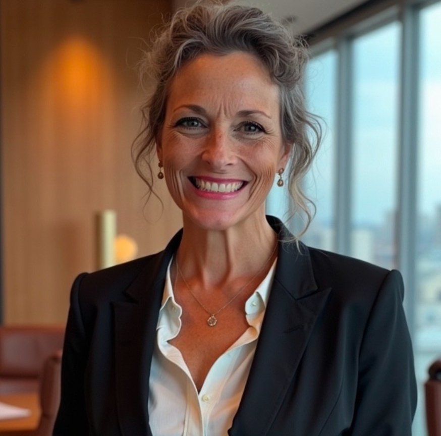 A smiling middle-aged woman with curly gray hair, wearing a black blazer over a white collared shirt, standing indoors with large windows showing a cityscape in the background.