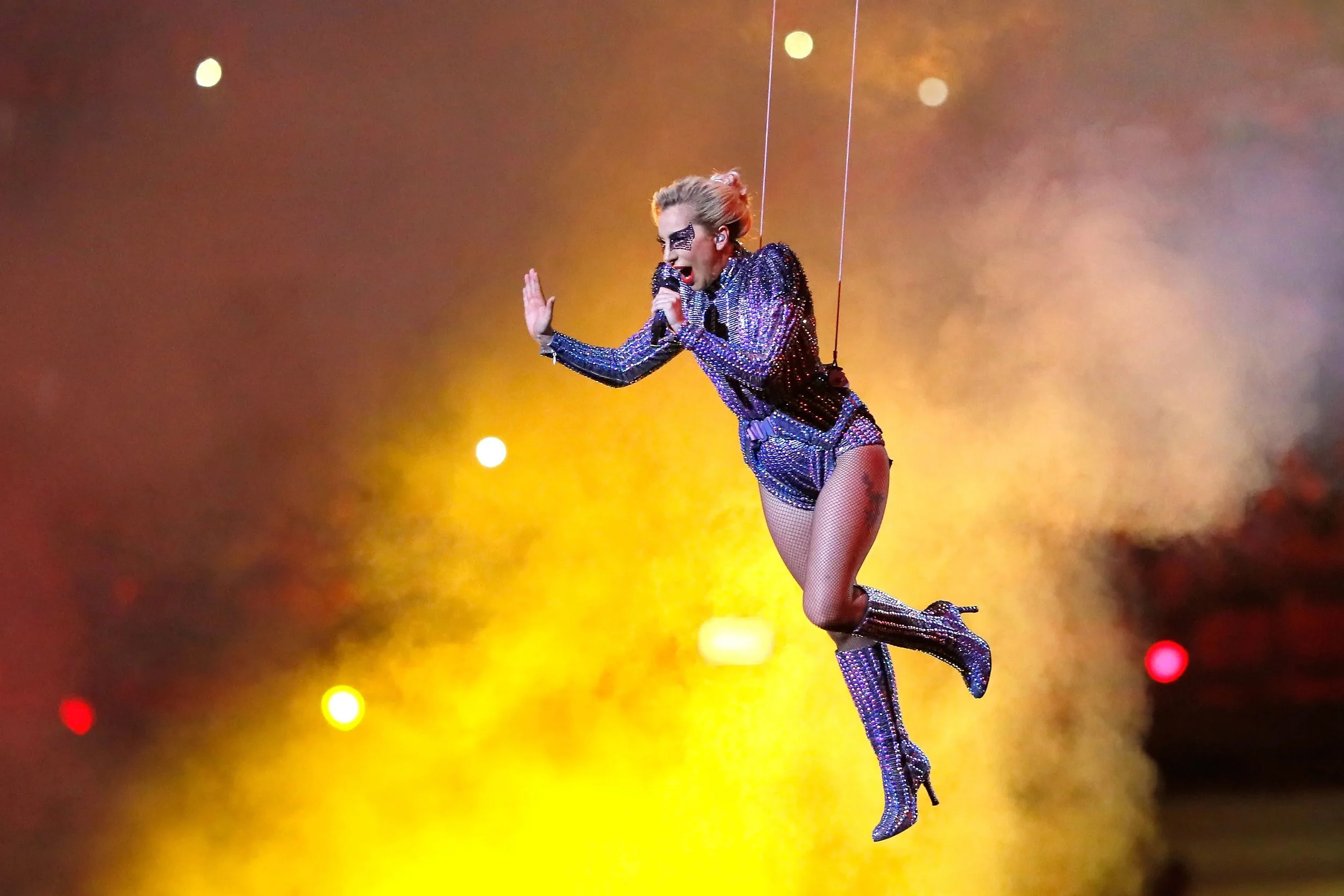 Lady Gaga performing at the Pepsi Zero Sugar Super Bowl LI Halftime Show.