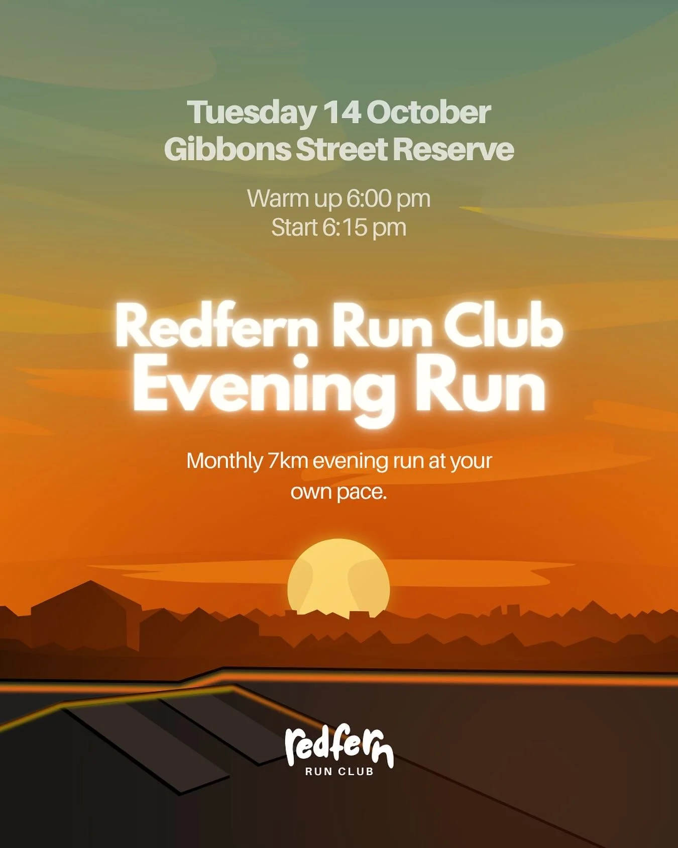 October&rsquo;s Monthly Evening Run 🌅

Join us on Tuesday 14 October at Gibbons Street Reserve for our monthly 7km evening run. The perfect midweek reset!

👟 Warm up: 6:00 pm
🏃&zwj;♀️ Start: 6:15 pm
🌆 Distance: 7km (all paces welcome!)

Come for 