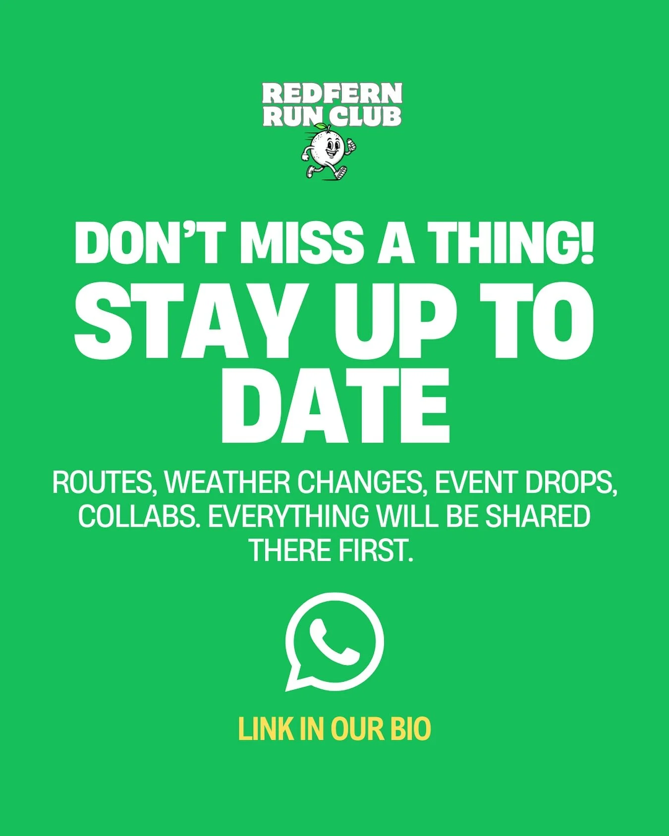 All our updates are moving to WhatsApp 🟢

Routes, weather changes, event drops, collabs. Everything will be shared there first.

Hit the link in bio and join the Redfern Run Club chat so you don&rsquo;t miss a run 🏃&zwj;♂️🔥🍊