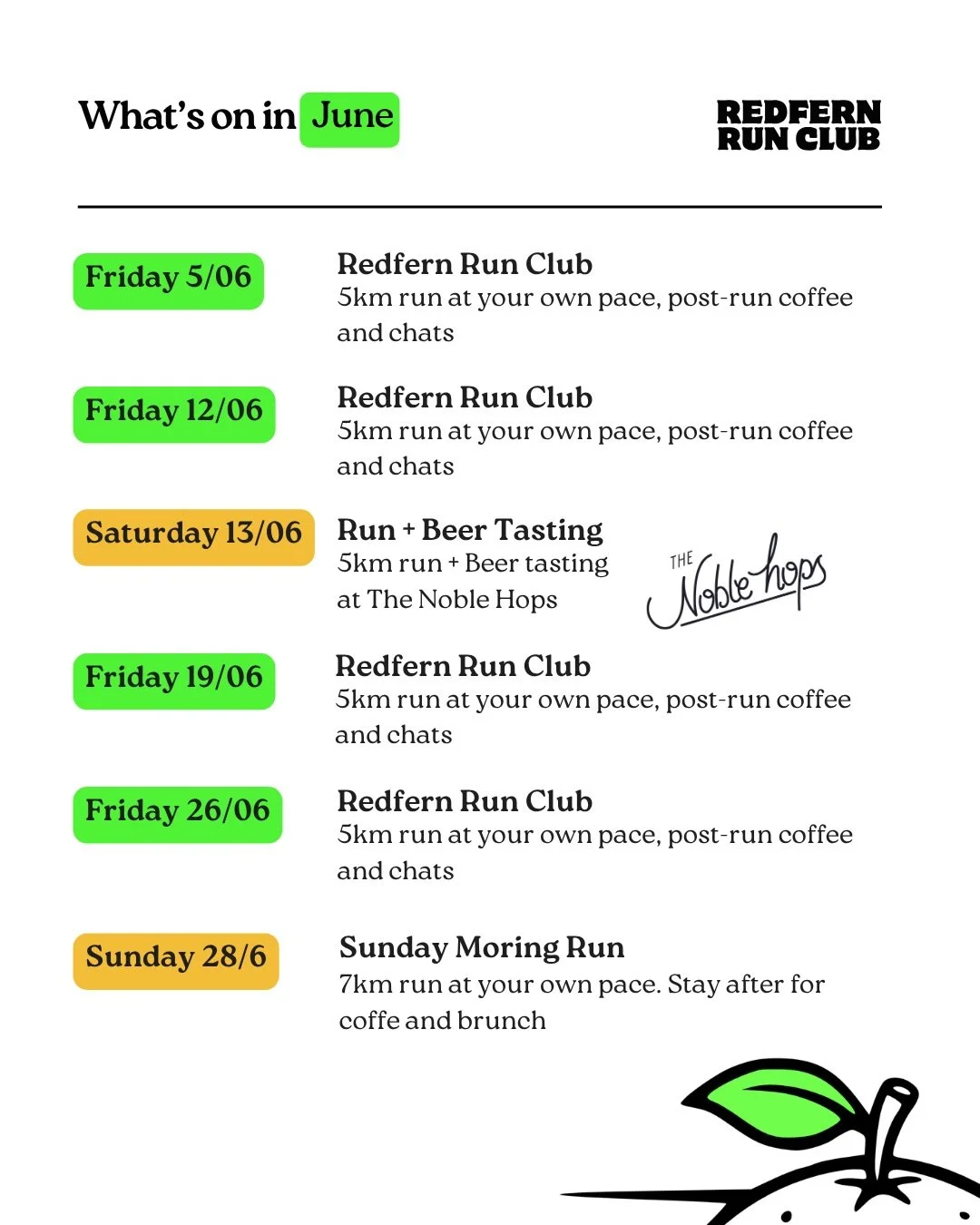 June is almost here and we&rsquo;re super excited about it! Aside from our Friday runs, this month we&rsquo;re hosting two weekend runs + a beer tasting with our mates from @thenoblehops_redfern 🍻🔥🍊🫶🏼