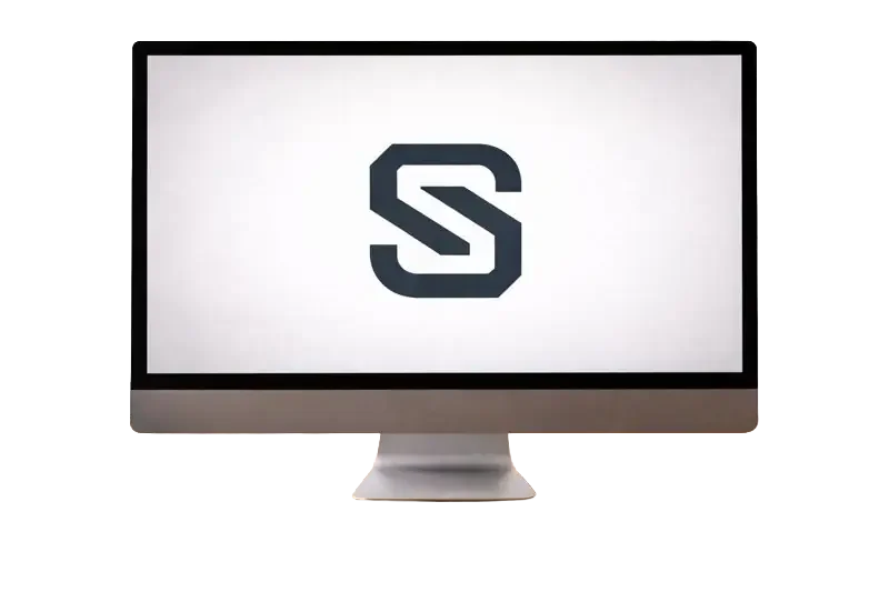 Computer monitor displaying a black geometric logo on a white background.