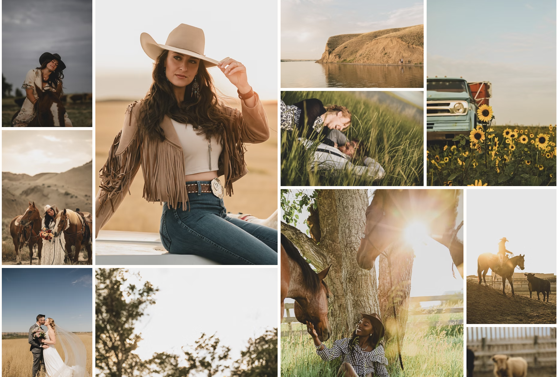 Collage of outdoor scenes with women, horses, and rural landscapes, including a woman in cowboy hat, sunset over cliffs, sunflower field, bride and groom, and people with horses.