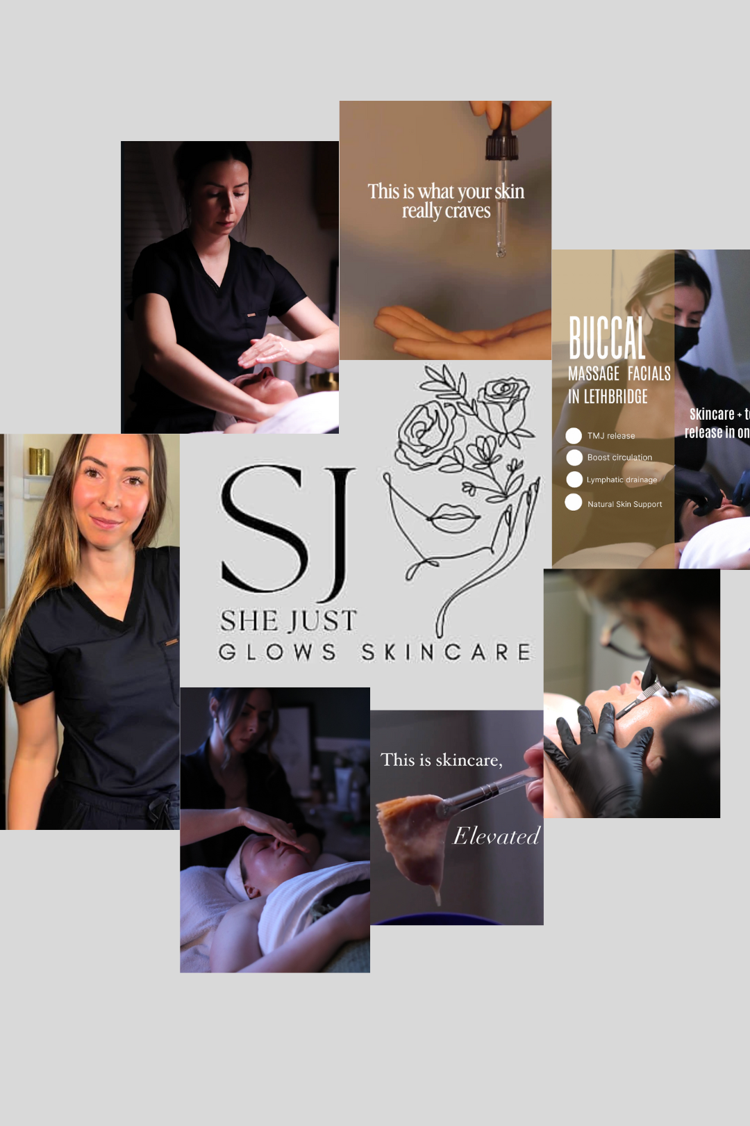 A collage of images showing skincare and beauty treatments, including facials, massages, a skincare product being applied with a dropper, and a woman with clear skin. The center features a logo with the initials "SJ" and the text "She Just Glows Skincare," along with stylized line art of a woman's face and flowers.