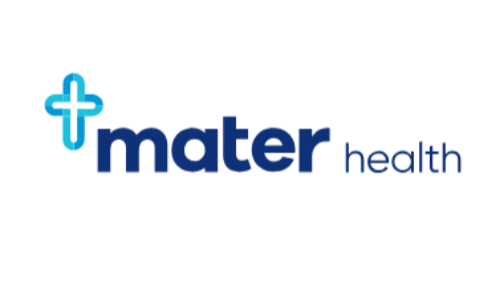 Mater Health logo with a blue medical cross and the words 'mater health' in blue text.