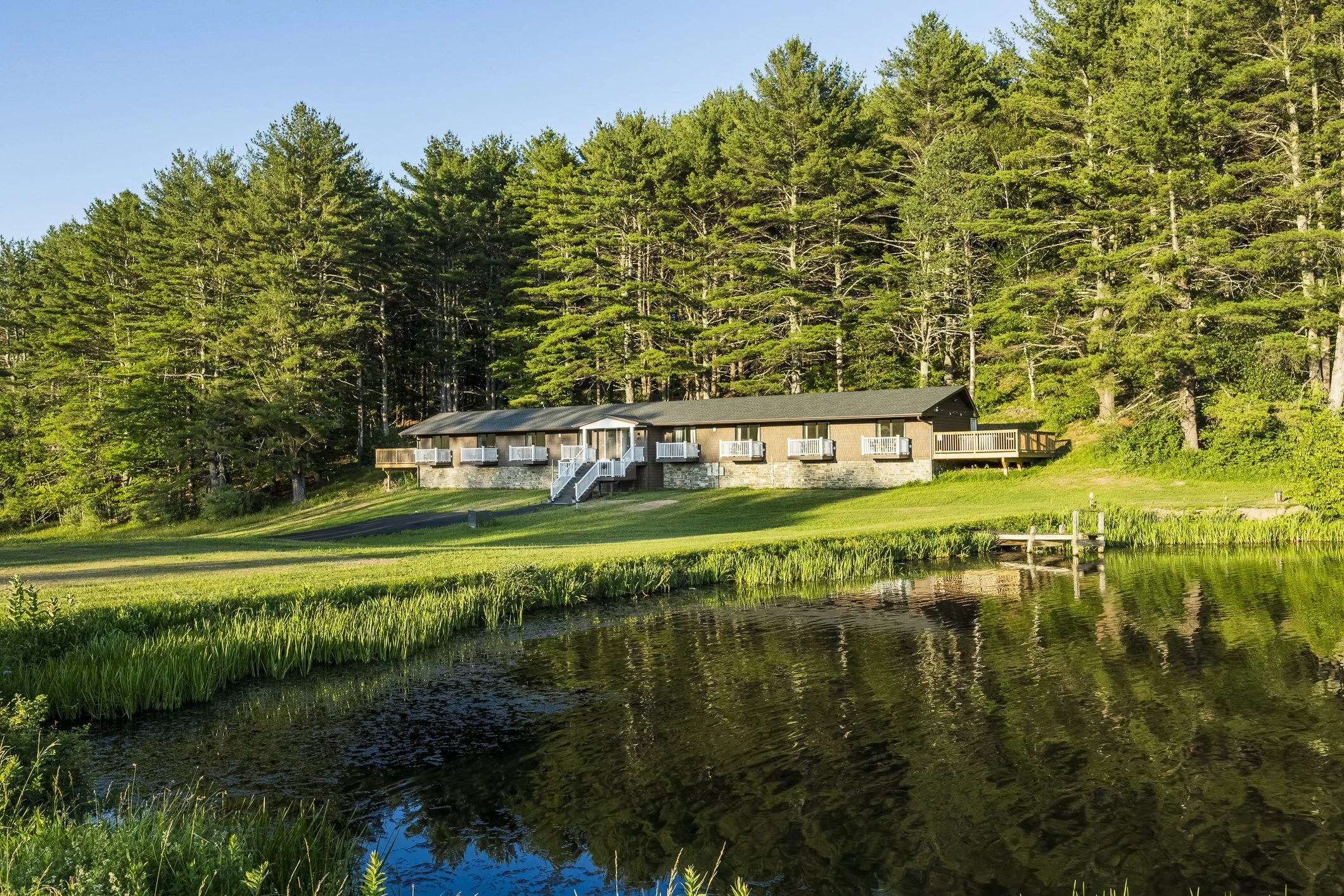 A house with a gray roof and white stairs is situated on a grassy hill next to a pond, surrounded by tall green trees.