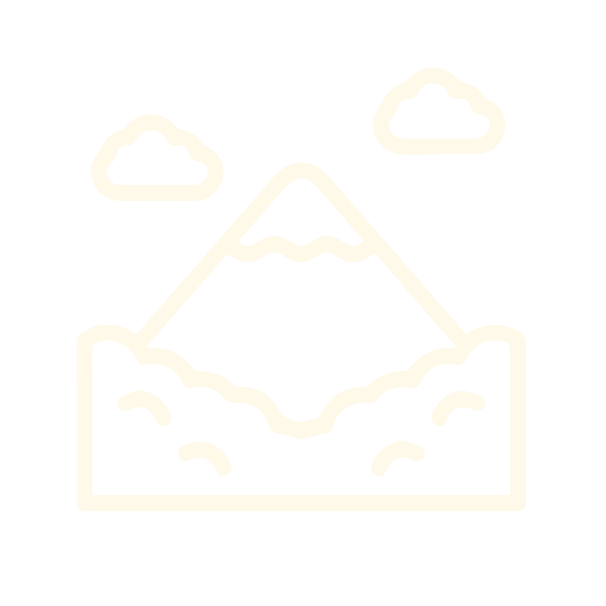 Line drawing of a mountain with snow on top, surrounded by water and clouds in the sky.