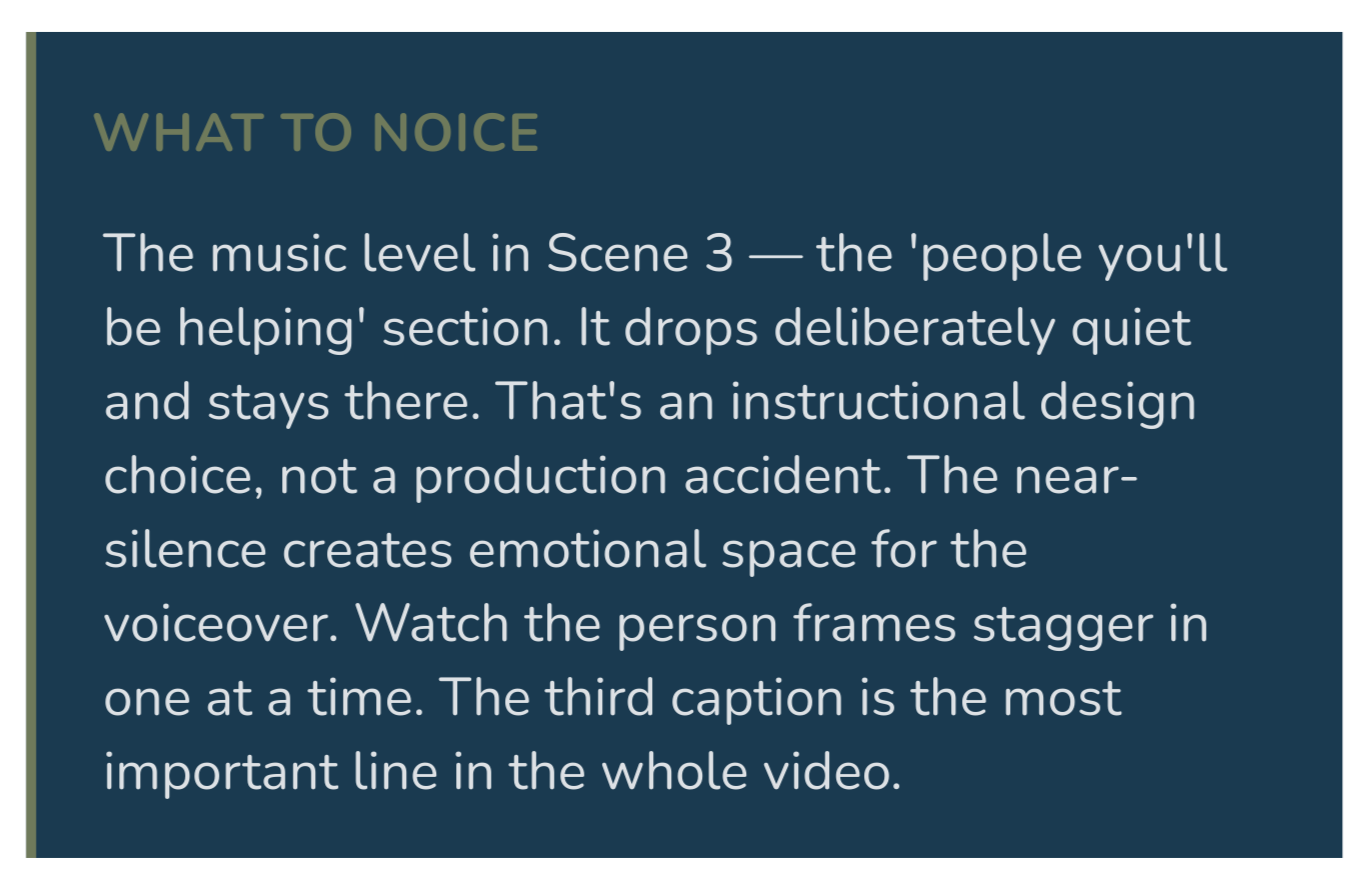 Text on a blue background providing tips on audio levels, specifically about the music level in Scene 3 of a video, emphasizing the importance of quiet, near-silent audio to create emotional space and guide viewer focus.