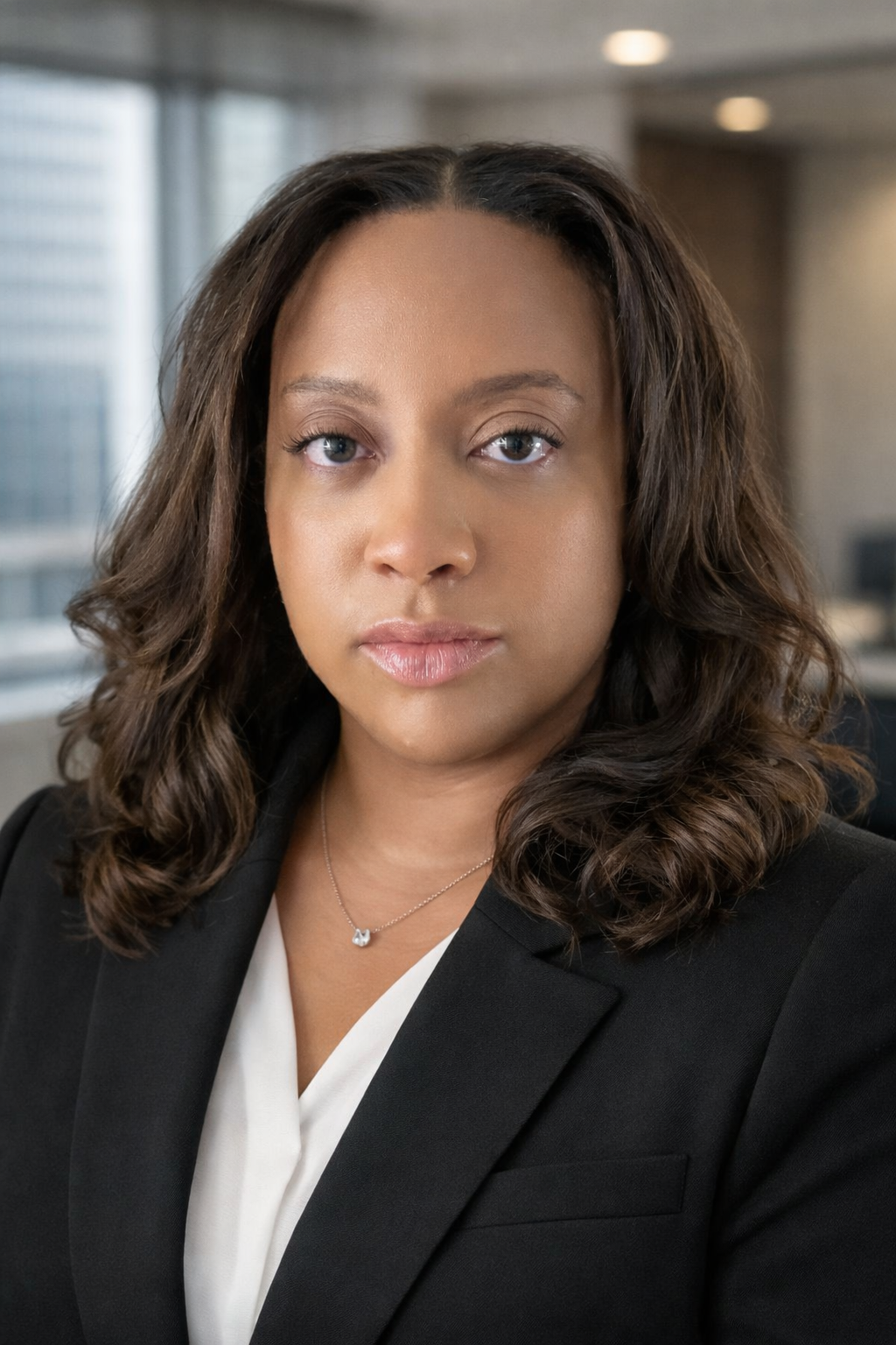 A professional woman with shoulder-length curly brown hair, wearing a black blazer and white blouse, sitting in an office with large windows in the background.