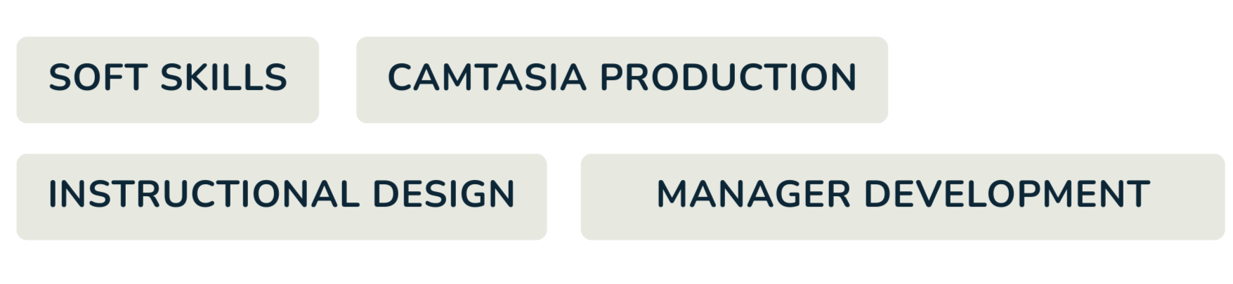 Flowchart displaying educational topics: Soft Skills and Camtasia Production at the top; Instructional Design and Manager Development at the bottom.