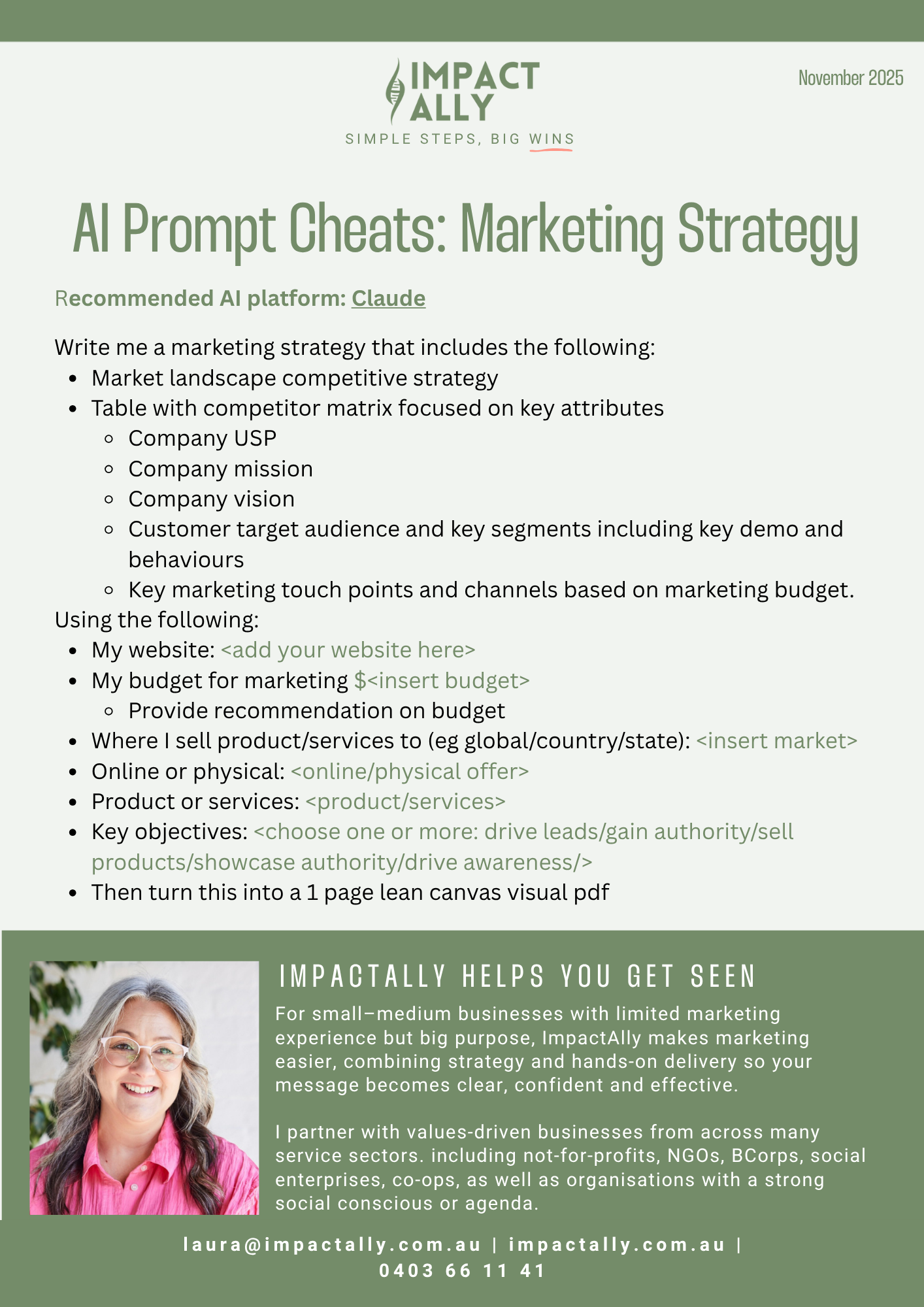 A marketing strategy outline document titled 'AI Prompt Cheats: Marketing Strategy' from Impact Ally, dated November 2025. It includes instructions for creating a marketing plan, recommended platform 'Claude', and a section about Impact Ally's services with contact details and a photo of a smiling woman with glasses and gray hair.