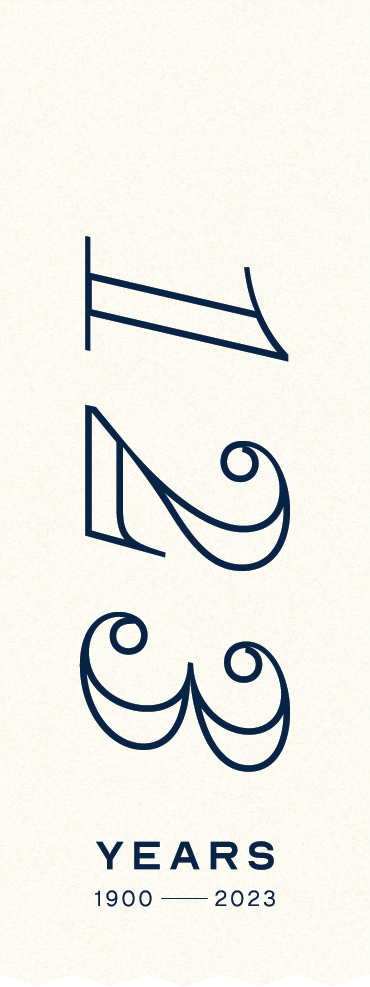 Design celebrating 123 years from 1900 to 2023 with stylized text and decorative elements.