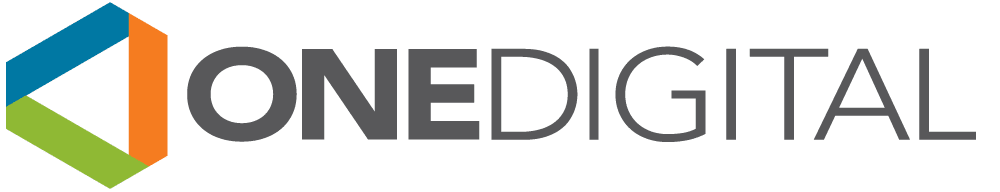 Logo for ONE Digital, featuring a stylized hexagon with segments in blue, orange, green, and black, next to the text 'ONE DIGITAL' in black.