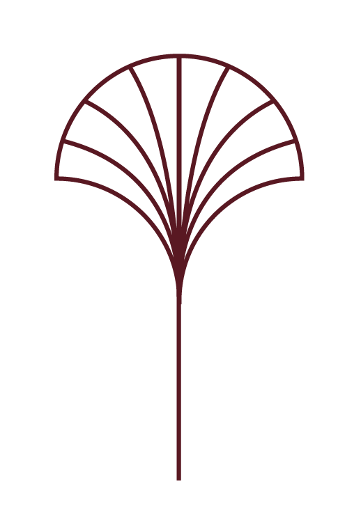 A line drawing of a dandelion seed head with a thin stem and multiple leaf-shaped segments at the top.