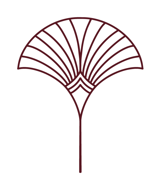 Line drawing of a fan-shaped leaf with a long stem and symmetrical pattern of lines extending from the stem to the edges.