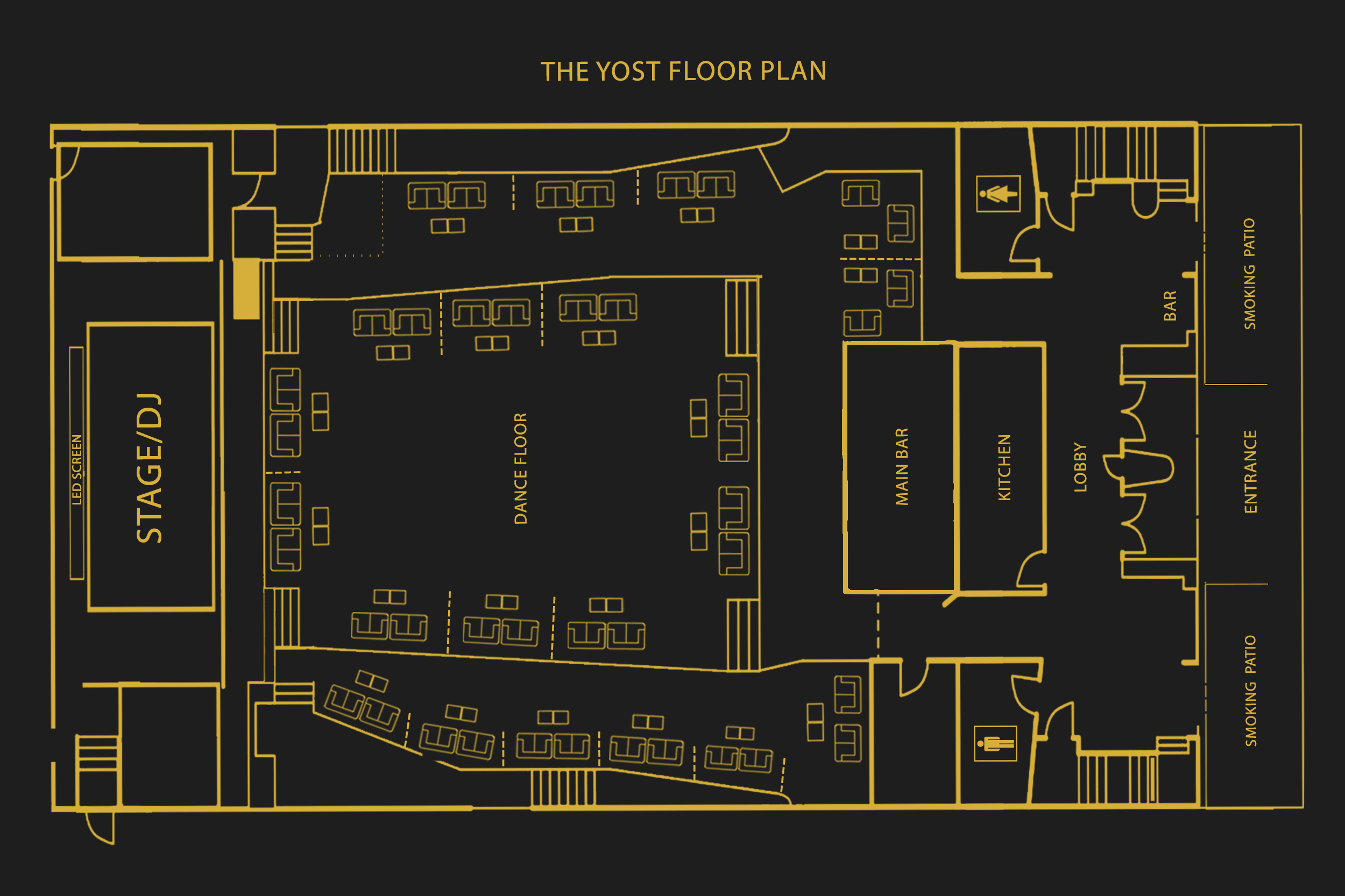 Floor plan layout with various labeled sections including stage, main dance floor, bar, kitchen, lounge, and smoking patio, drawn in gold lines on a black background.