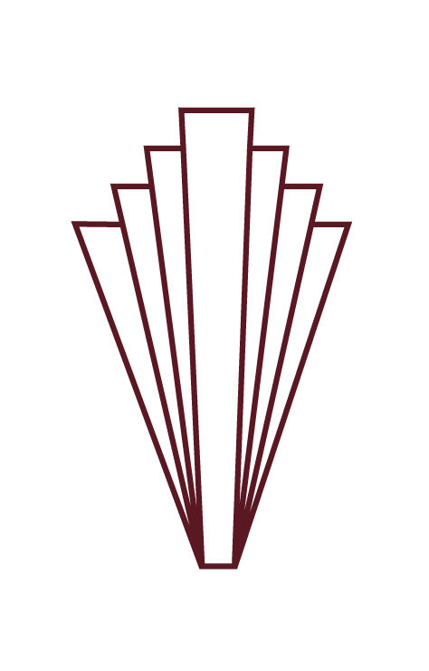 Stylized geometric art with a black background and maroon outline forming a fan or shield shape.