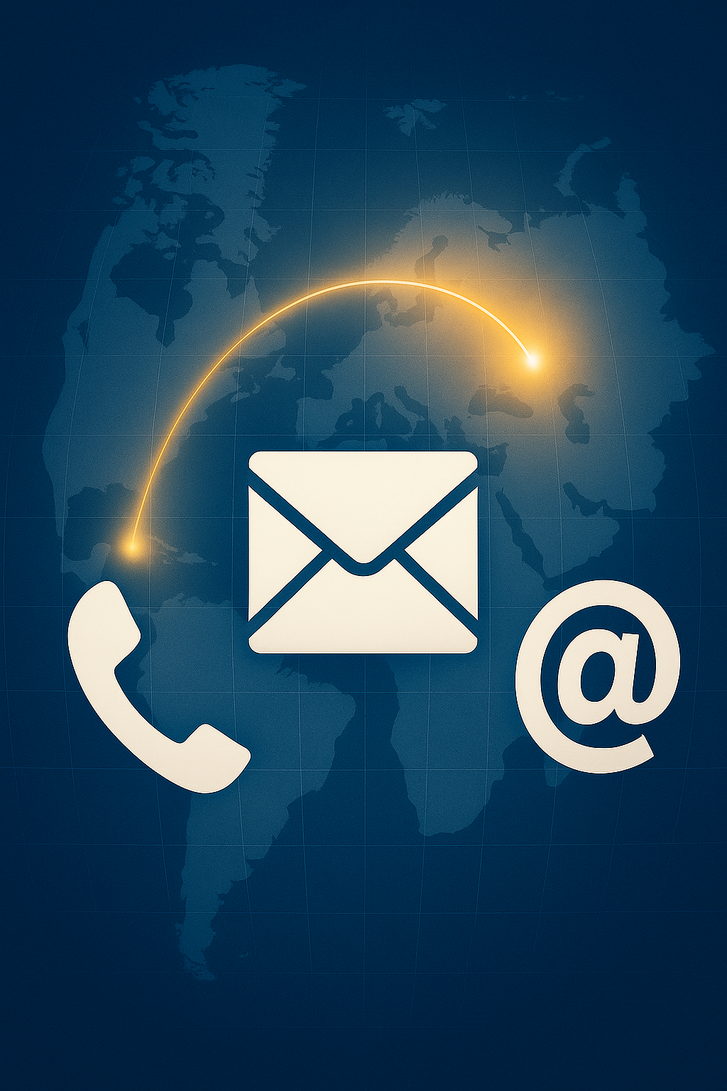 Une image représentant une carte du monde avec des icônes de communication : un téléphone, un courrier électronique et un symbole @, illustrant la connectivité mondiale.