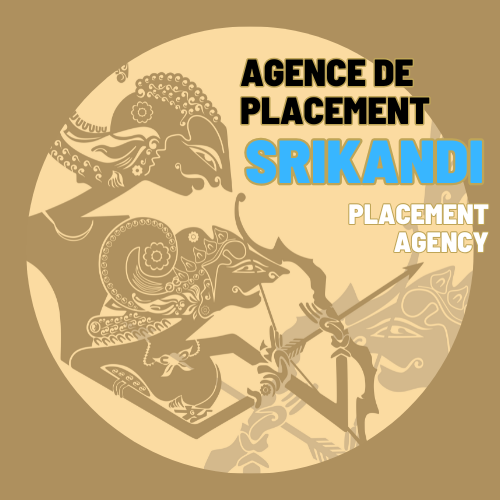 Logo de l'agence de placement Srikandi avec un diagramme de deux figures mythologiques en style line art coloré en beige sur fond beige clair, avec inscriptions en anglais et en français.