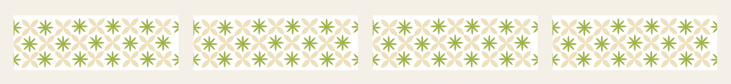 Motifs floraux géométriques verts et beige répétés sur une bande.