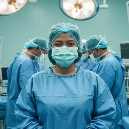 Une équipe de chirurgiens en salle d'opération portant des blouses, des masques, et des bonnets chirurgicaux, prêts pour une intervention.