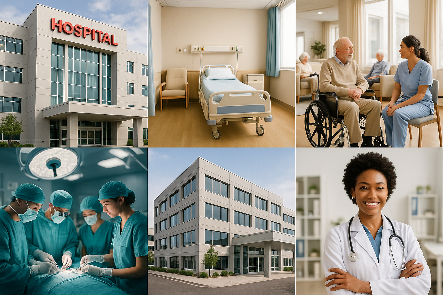 Images d'un hôpital, d'une chambre d'hôpital vide avec un lit, d'une salle de consultation avec un patient en fauteuil roulant parlant avec une infirmière, d'une équipe chirurgicale en opération, d'un bâtiment d'hôpital moderne, et d'une médecin souriante portant un stéthoscope.