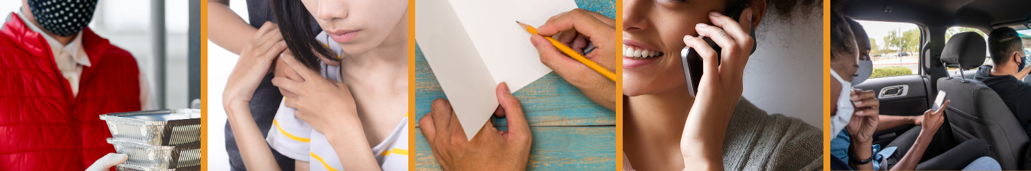 Series of six images including a person holding a silver tray, a woman touching her shoulder, a person writing on paper with a yellow pencil, a woman talking on a cell phone, two women wearing face masks in a vehicle, and two women using their phones inside a car.
