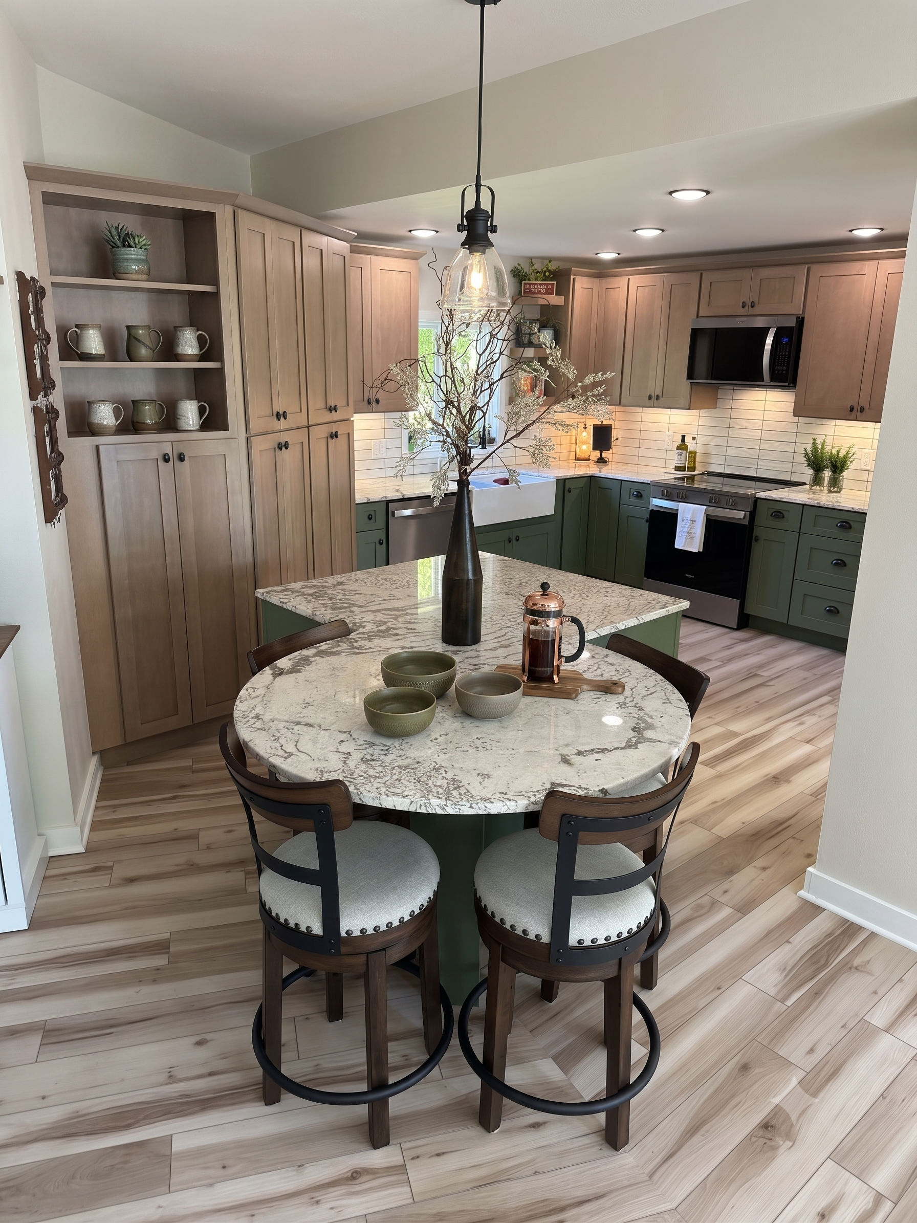 Modern Northwoods kitchen featuring deep sage green lower cabinets, light natural wood stained upper cabinetry, and multi-tonal wood flooring.