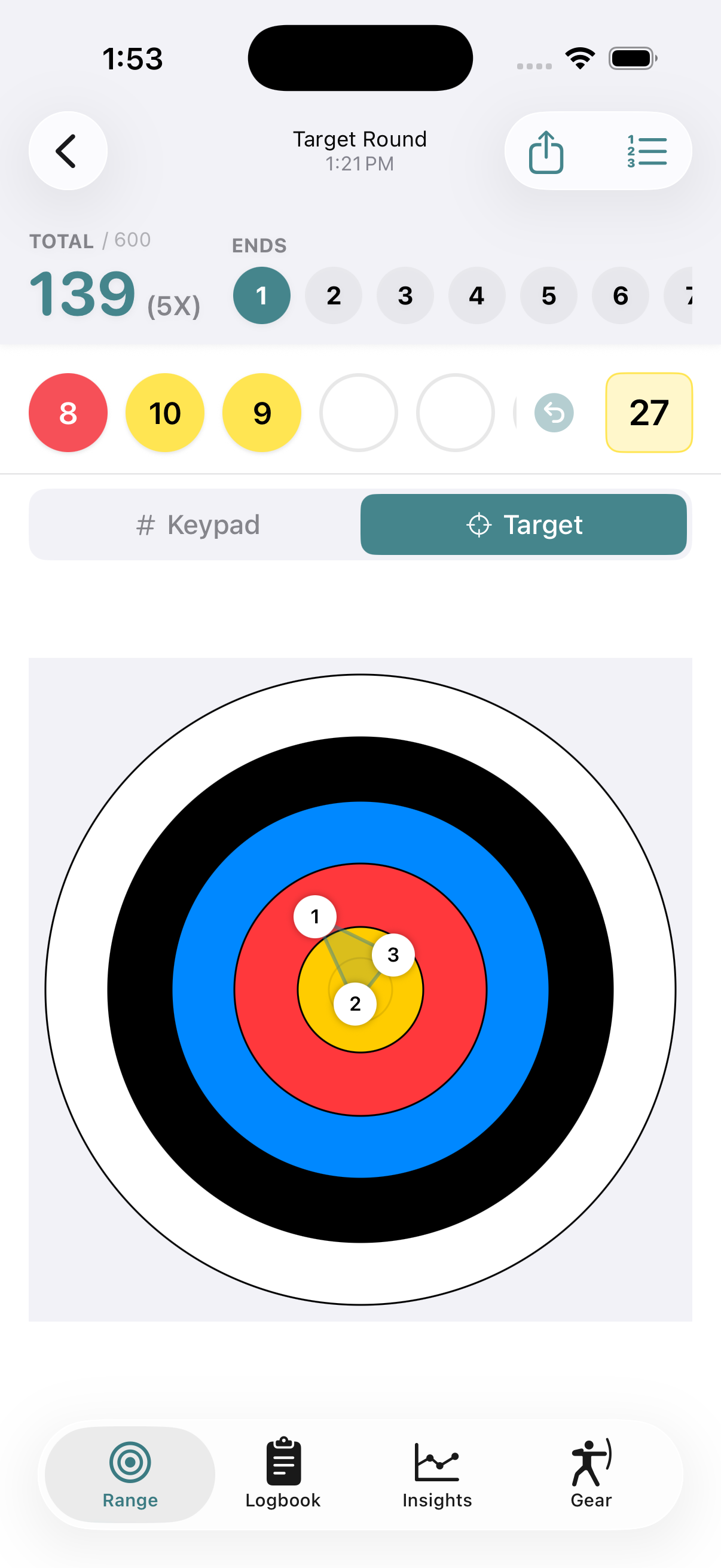 Round scoring interface showing a target
