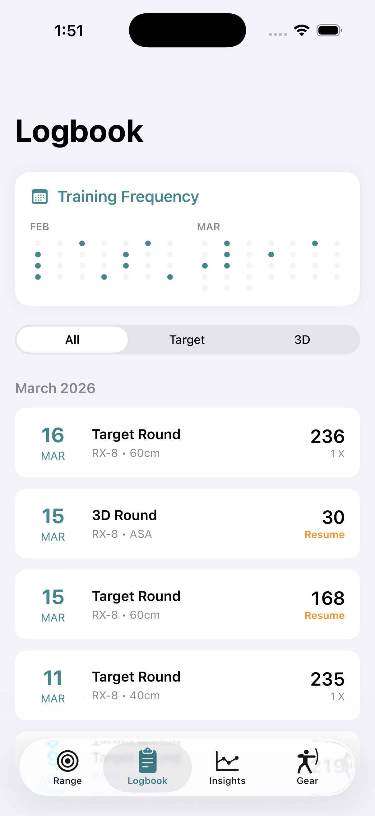 Logbook view showing recent rounds